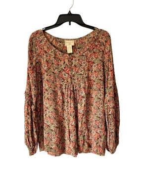 April Cornell Vintage Olive Green Floral Boho Rayon Print Blouse Ruffle Trim XS